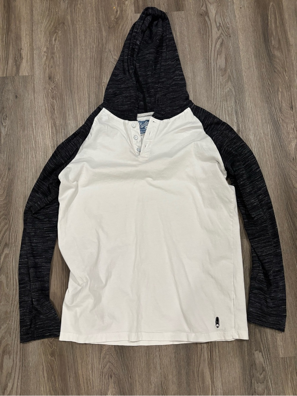 Men's Two-Tone Hooded Henley Long-Sleeve Shirt - White with Black Sleeves